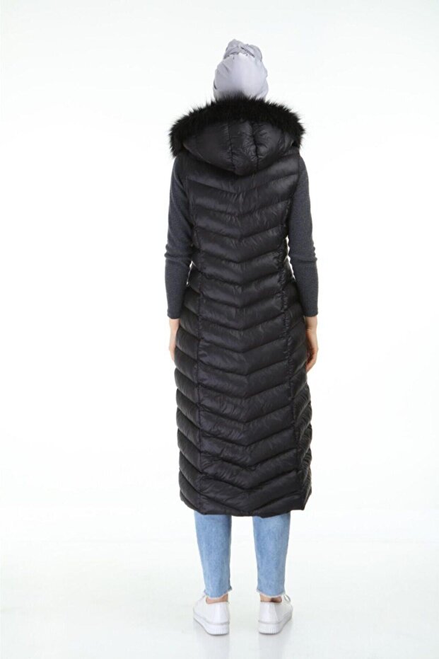 Kadın Uzun Kapuşonlu Basıc Şişme Yelek - 3