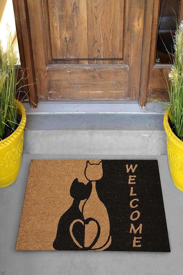 Siyah Dekoratif  Welcome Çift Kedi Kapı Önü Paspası - 4