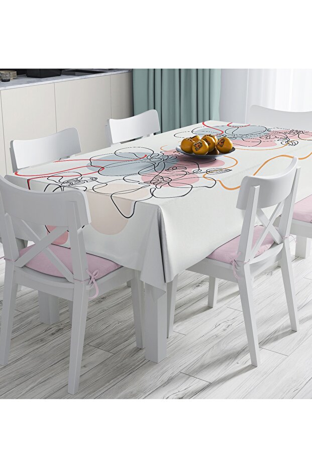 Red and Turquoise Stripe Themed Flower Design Digital Printed Tablecloth