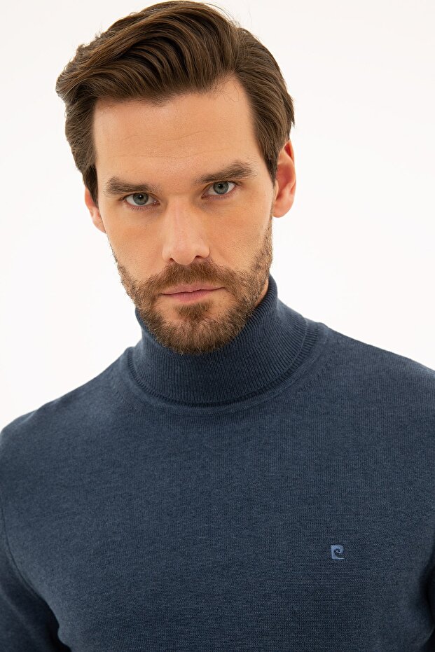 Men's Indigo Melange Slim Fit Full Turtleneck Basic Knitwear Sweater