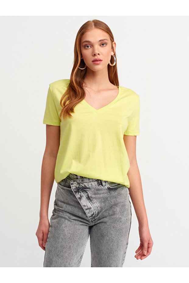 Kadın  Sarı 3470 V Yaka Basic T-shirt - 4