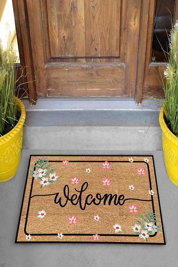 Dekoratif Kapı Önü Paspası Welcome Pembe Çiçek - 2