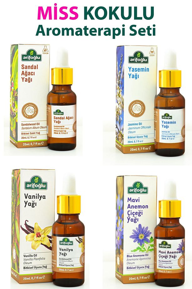 Miss Kokulu Aromaterapi Seti:sandal Yağı 20ml, Vanilya Yağı 20ml, Mavi Anemon 20ml,yasemin Yağı 20ml - 1