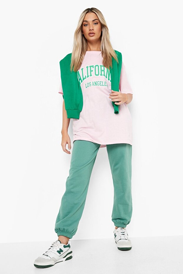 Plus Size California Los Angels Printed Pink-green Oversize T-shirt Tracksuit Set