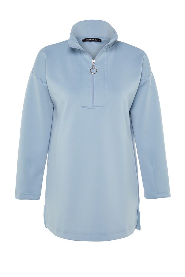 Niebieska, oversize'owa bluza z zamkiem błyskawicznym, z nadrukiem nurka/nurka, dzianinowa, TCTAW23TW00198 - 7