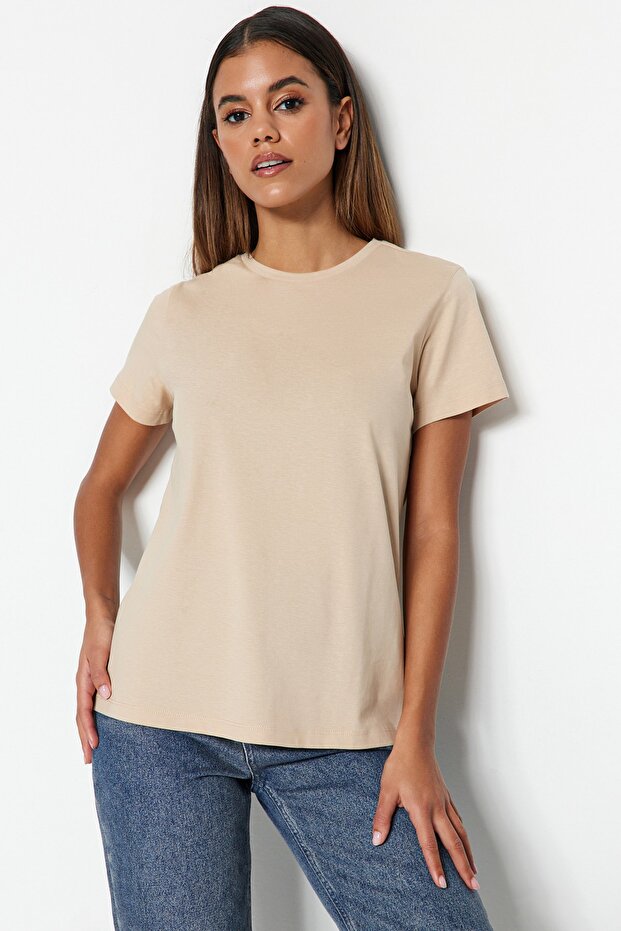 Kahverengi-Bej-Haki Çizgili 3'lü Paket Basic Bisiklet Yaka Örme T-Shirt TWOSS20TS0146 - 3