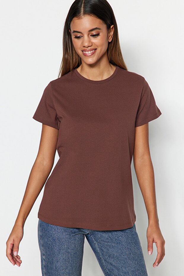 Kahverengi-Bej-Haki Çizgili 3'lü Paket Basic Bisiklet Yaka Örme T-Shirt TWOSS20TS0146 - 5