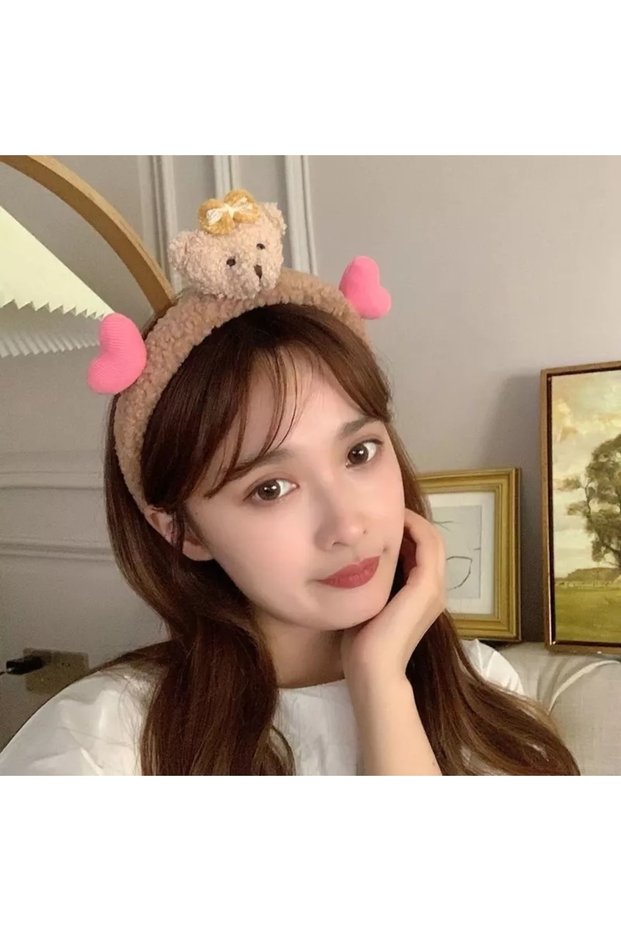 Trendy Fashion Fluffy Plush Teddy Bear Crown Women's Children's Crown with Bear Heart Brown