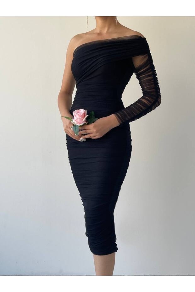 Tek Kollu Tül Elbise - 3