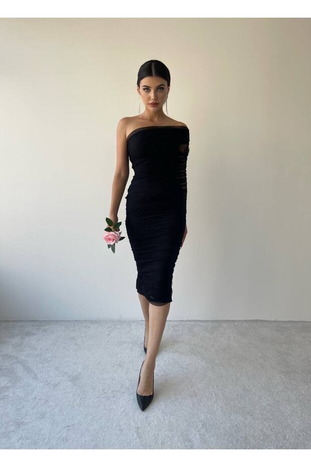 Tek Kollu Tül Elbise - 7