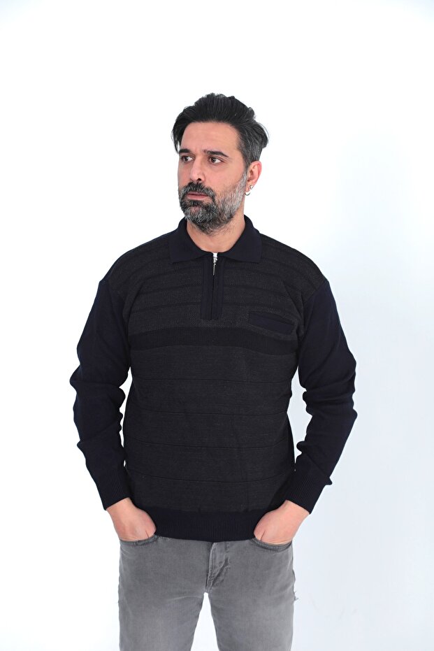 Daddy Shirt Collar Acrylic Thread Striped Single Pocket Winter Thick Men's Sweater