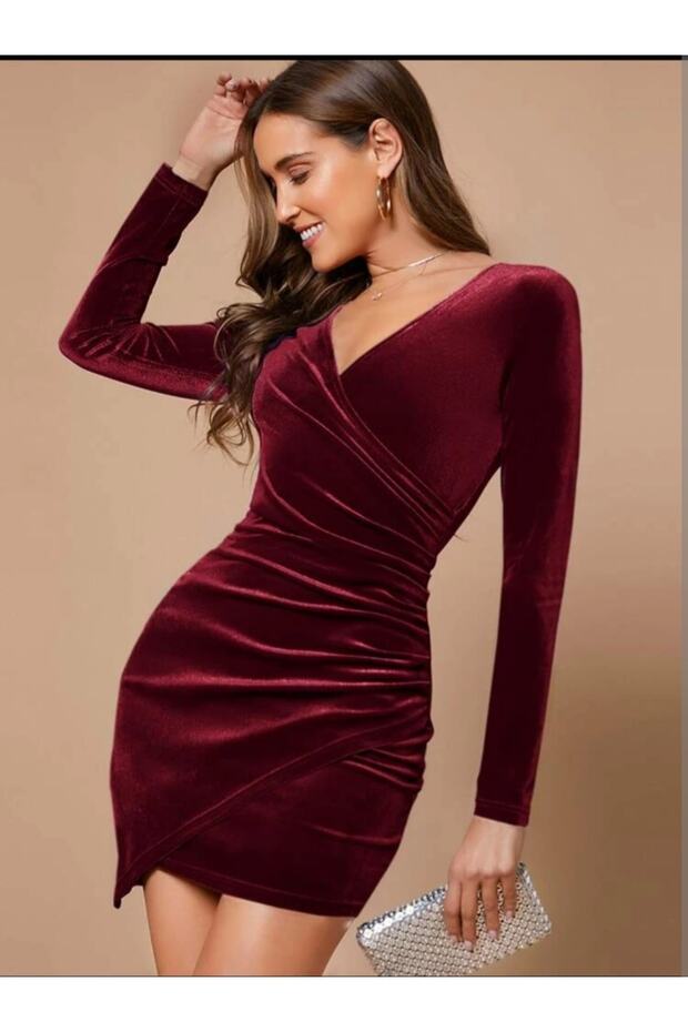Asmetric Burgundy Velvet Dress Trend