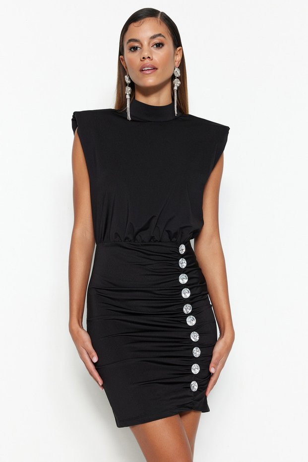 Black Satin Short Evening Dress with Shiny Stone Detail - TPRSS23EL00175