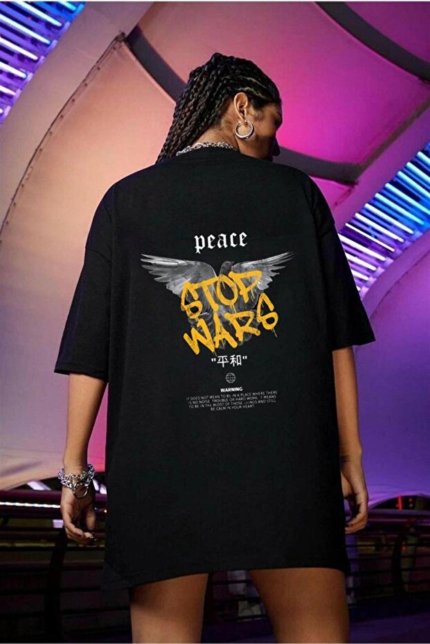 تي شيرت Ery Peace Back مطبوع باللون الأسود للجنسين