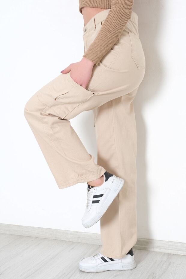 Women's High Waist Cream Cargo Pocket Jeans Cargo Pocket Pants