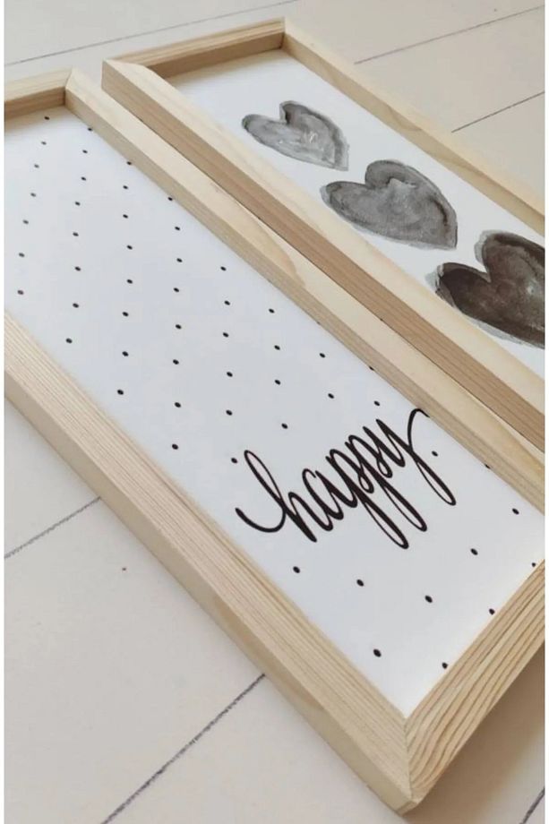 Üçlü Kalp Ve Benekli Happy Oturma Odası - Salon - Mutfak Gerçek Ahşap Çerçeve Tablo Set - 2