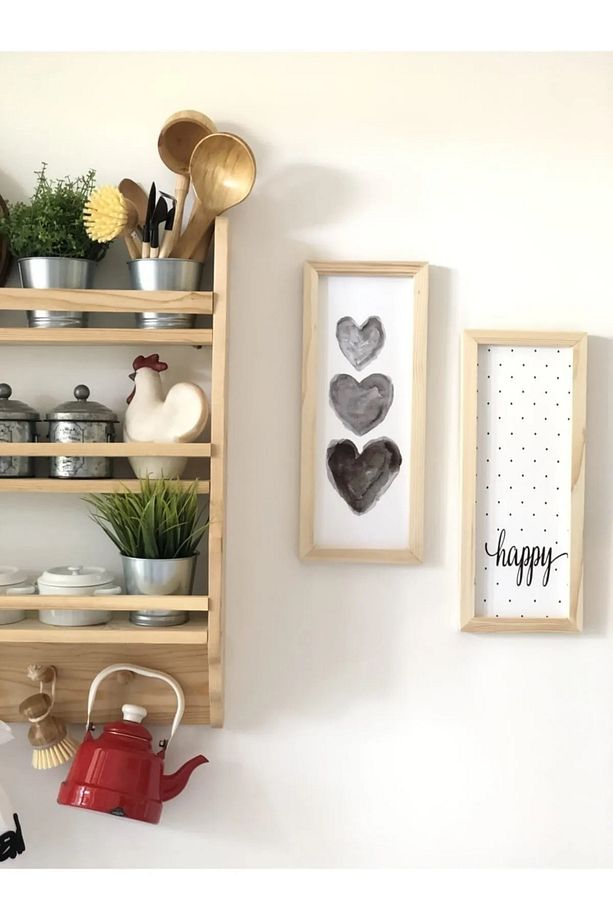 Üçlü Kalp Ve Benekli Happy Oturma Odası - Salon - Mutfak Gerçek Ahşap Çerçeve Tablo Set - 3