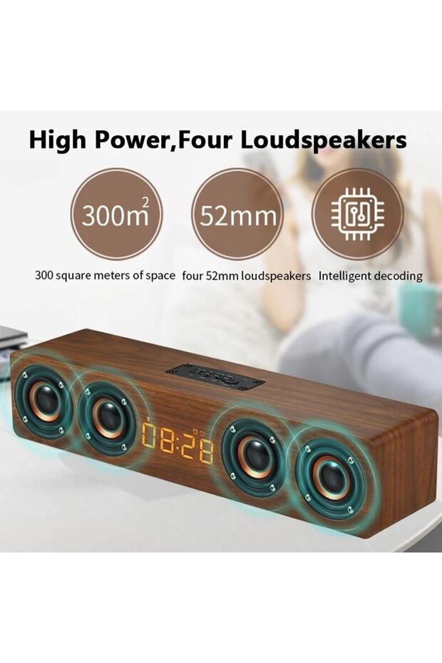 Hd V8c Bluetooth Hoparlör 20 W Saat Özellikli Ahşap Dizaayn - 4