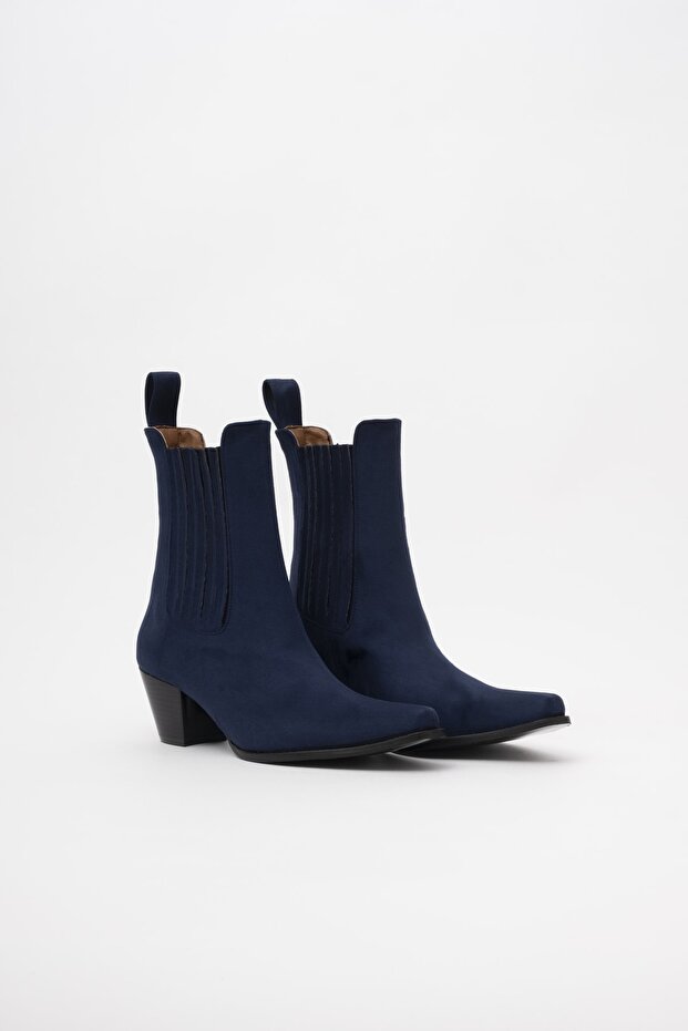 Rubber Detailed Boots & Bootie Navy Blue Suede Women's Bootie, Heels