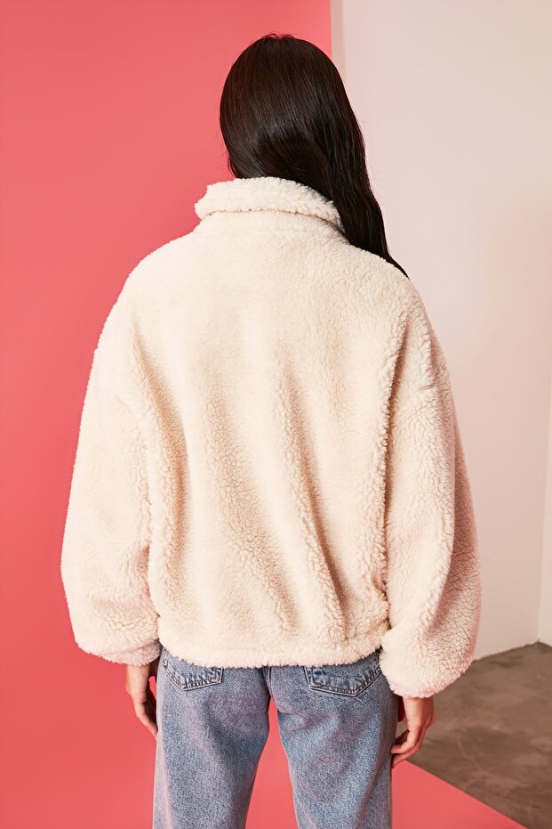 Taş Oversize Kalıp Fermuarlı Peluş Ceket Mont TWOAW21MO0132 - 5