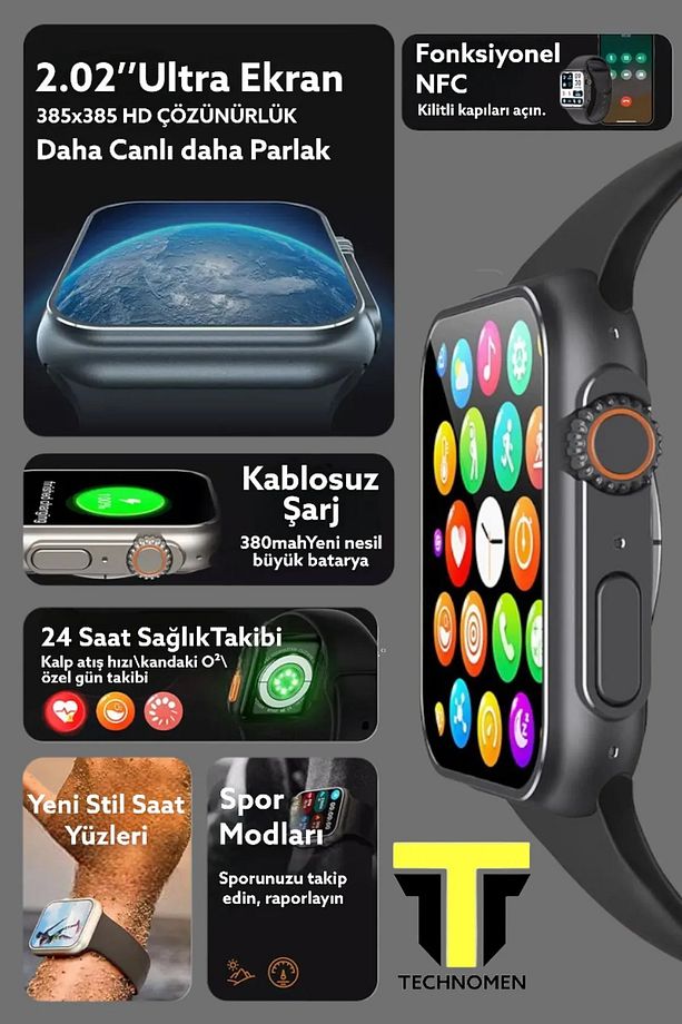 Watch 7 Akıllı Saat Kablosuz Şarj 2 Tuş Aktif Ios Android Tüm Telefonlara Uyumlu Arama Özellikli - 2