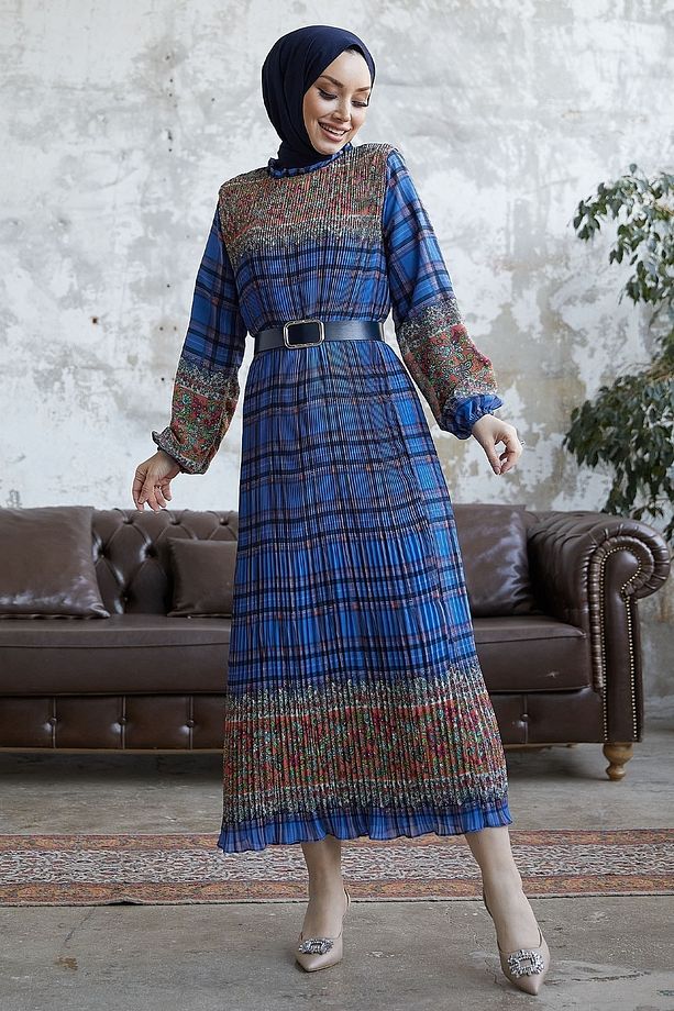 Lunya Ekose Desenli Piliseli Şifon Elbise - Indigo - 4
