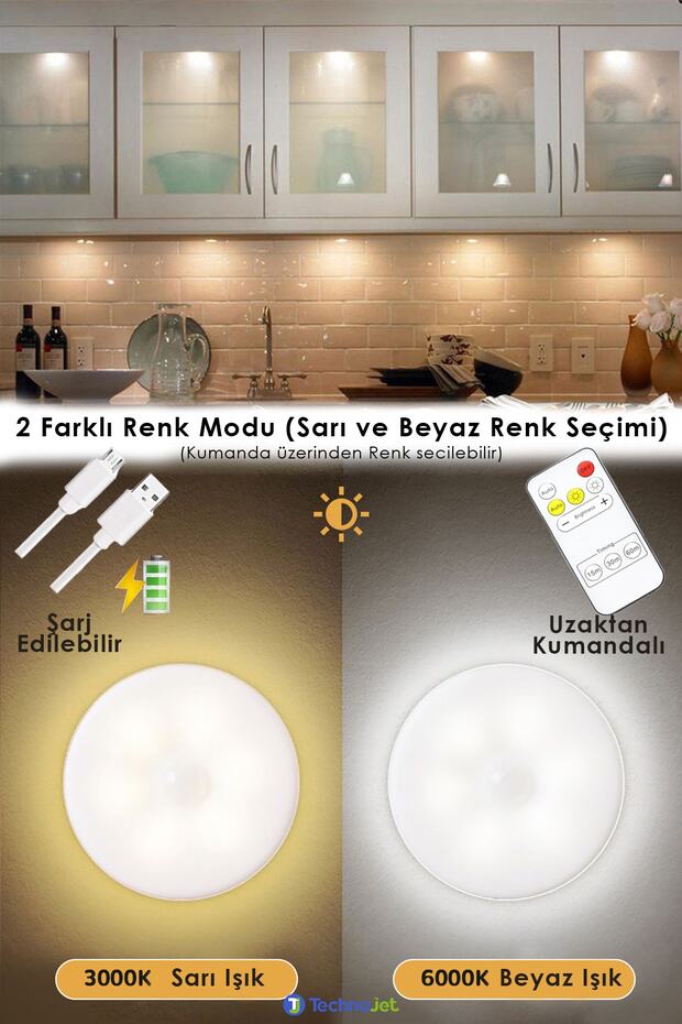 2 Adet Akıllı Hareket Sensörlü Uzaktan Kumandalı Usb Şarjlı Kablosuz Spot Led Gece Lambası - 2