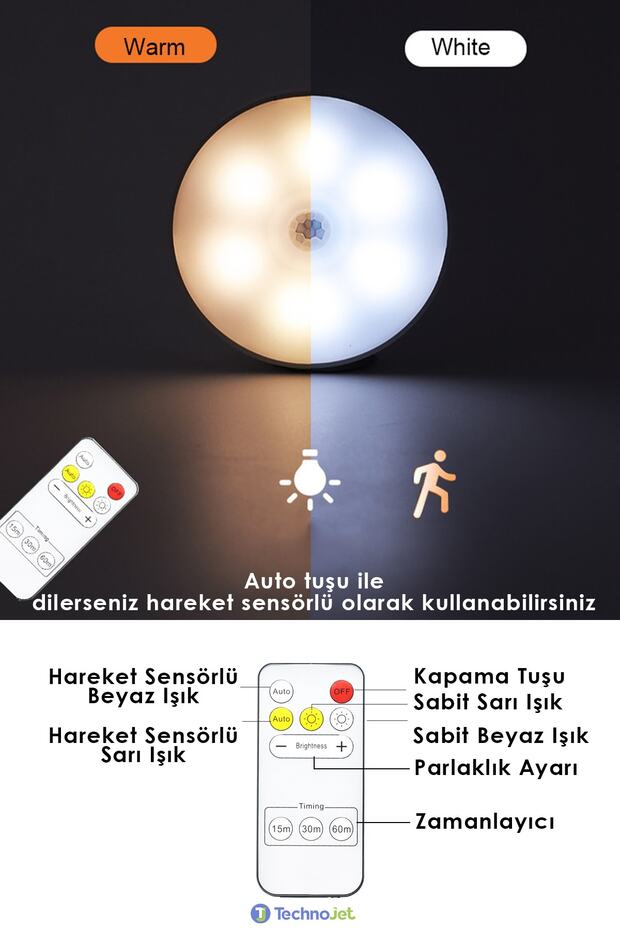 2 Adet Akıllı Hareket Sensörlü Uzaktan Kumandalı Usb Şarjlı Kablosuz Spot Led Gece Lambası - 3