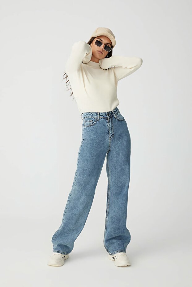High Waist Blue Snow Wash Palazzo Jeans Lycra Stretchy Jeans