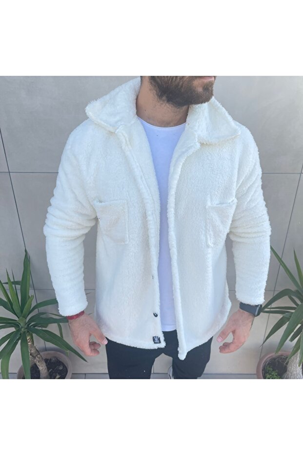 White Plush Buttoned Jacket Cardigan with Chest Pocket