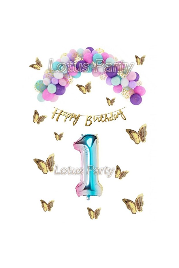1 Year Old Birthday Set Butterfly Rainbow Unicorn Concept Macaron Balloon Chain
