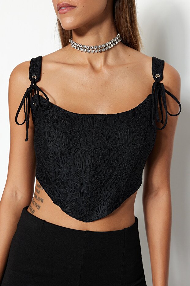 Siyah Crop Astarlı Biyeli Korse Detaylı Örme Dantel Büstiyer TPRSS23BS00032 - 4