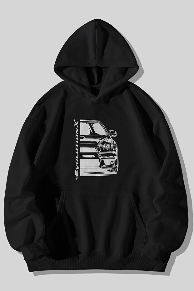 Mitsubishi Evolution Front Back Printed Unisex Black Kangaroo Hooded Sweatshirt Hoodie with Pockets