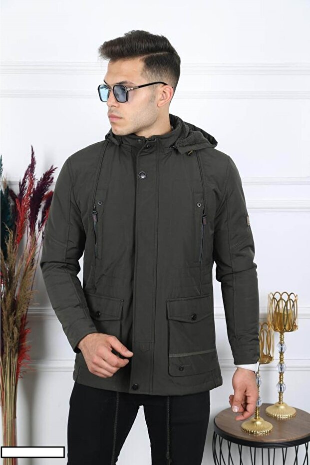 Erkek Içi Full Kürklü Kapşonlu Mont - 1