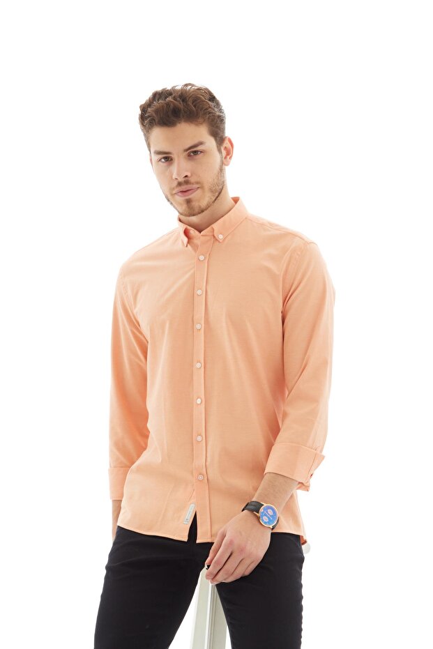 Vessmen Orange Slimfit Cotton Oxford Lycra Collar Buttoned Long Sleeve Men's Shirt