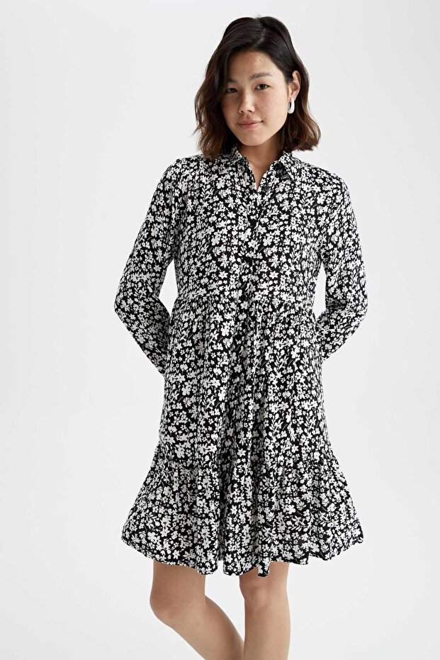 Shirt Collar Printed Mini Long Sleeve Dress