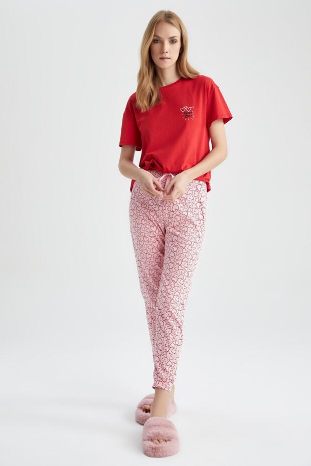 Fall In Love Regular Fit Heart Pattern Pajamas 100% Cotton Bottom