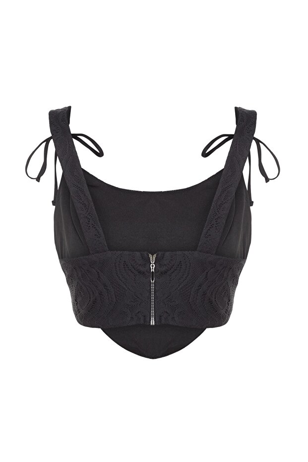 Siyah Crop Astarlı Biyeli Korse Detaylı Örme Dantel Büstiyer TPRSS23BS00032 - 8