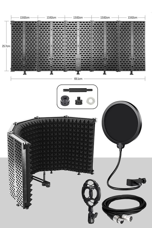 Pf-43ps Mikrofon Ses Yalıtım Paneli 5 Bölümlü Ayaklı 69x26 Cm (filtre Sünger Shock Mount Kablo - 1