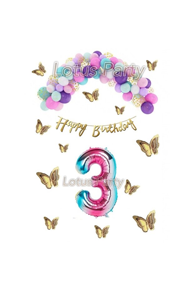3 Year Old Birthday Set Butterfly Rainbow Unicorn Concept Macaron Balloon Chain