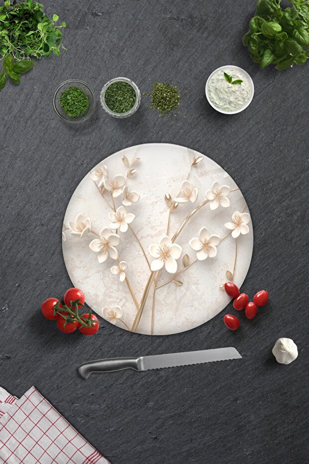 Glass Cutting Board - Glass Cutting Board | White Flower - Gold | Diameter32Cm