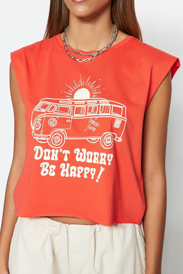 Kırmızı %100 Pamuk Baskılı Kolsuz Relaxed/Rahat Kalıp Crop Bisiklet Yaka Örme T-Shirt TWOSS23TS00122 - 2
