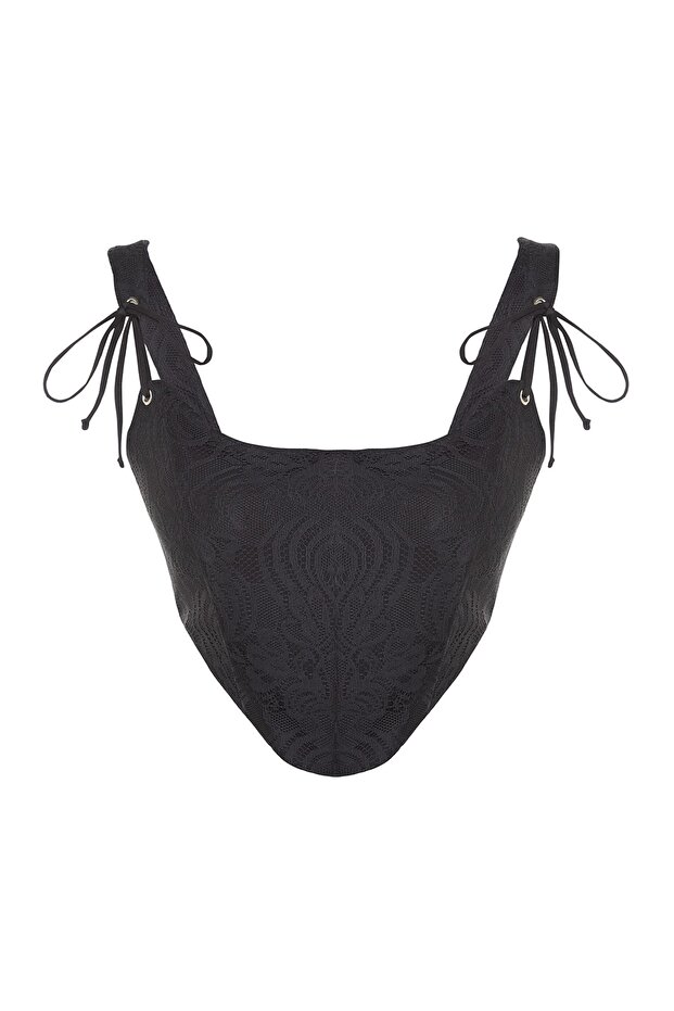 Siyah Crop Astarlı Biyeli Korse Detaylı Örme Dantel Büstiyer TPRSS23BS00032 - 7