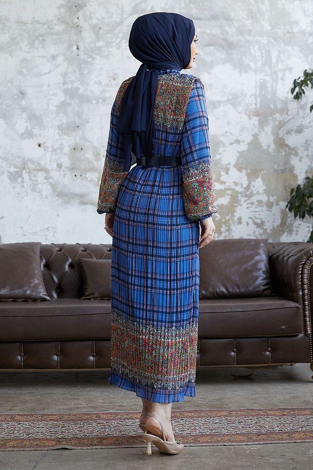 Lunya Ekose Desenli Piliseli Şifon Elbise - Indigo - 5