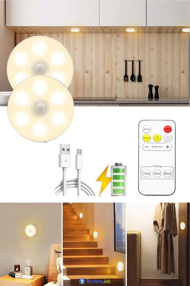 2 Adet Akıllı Hareket Sensörlü Uzaktan Kumandalı Usb Şarjlı Kablosuz Spot Led Gece Lambası - 1