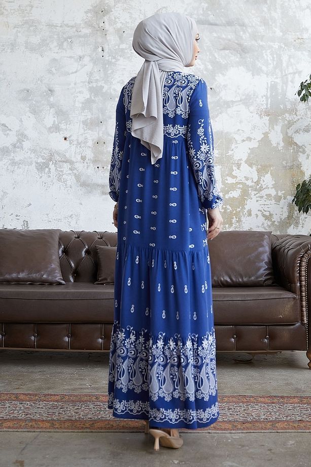 Selva Önü Püsküllü Desenli Viskon Elbise - Indigo - 5