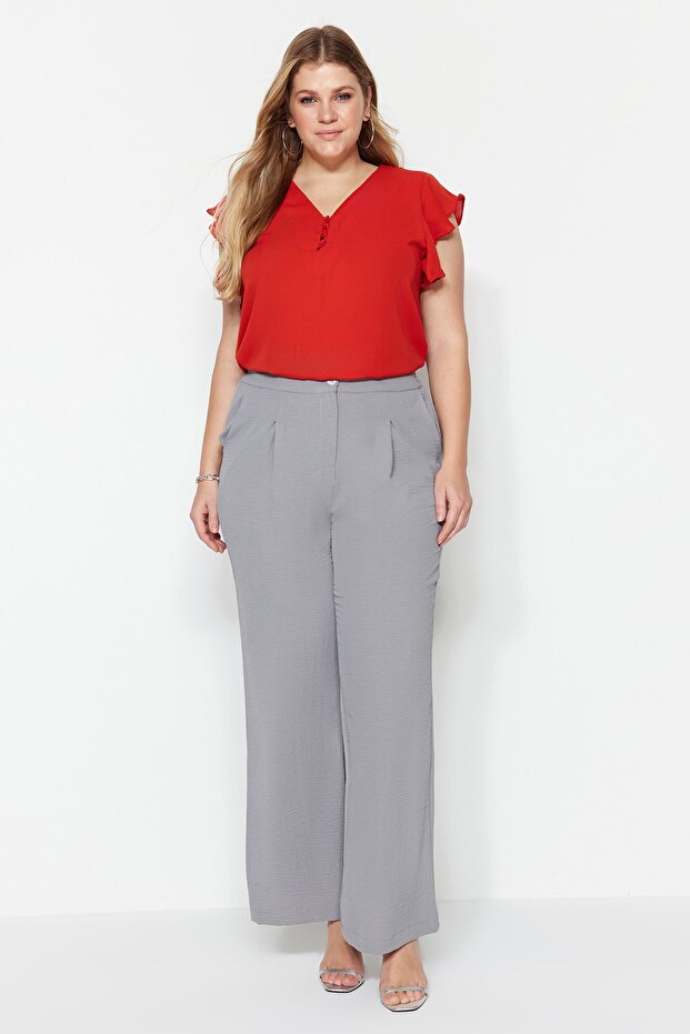 Gri Mevsimlik Wide Leg Yüksek Bel Pileli Dokuma Kumaş Pantolon TBBSS22PL0448 - 6