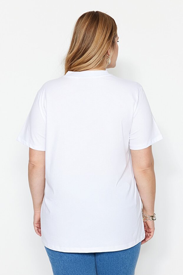 Beyaz Lacivert Yakası Ribanalı Relaxed %100 Pamuk Örme T-shirt TBBSS23BF00019 - 5