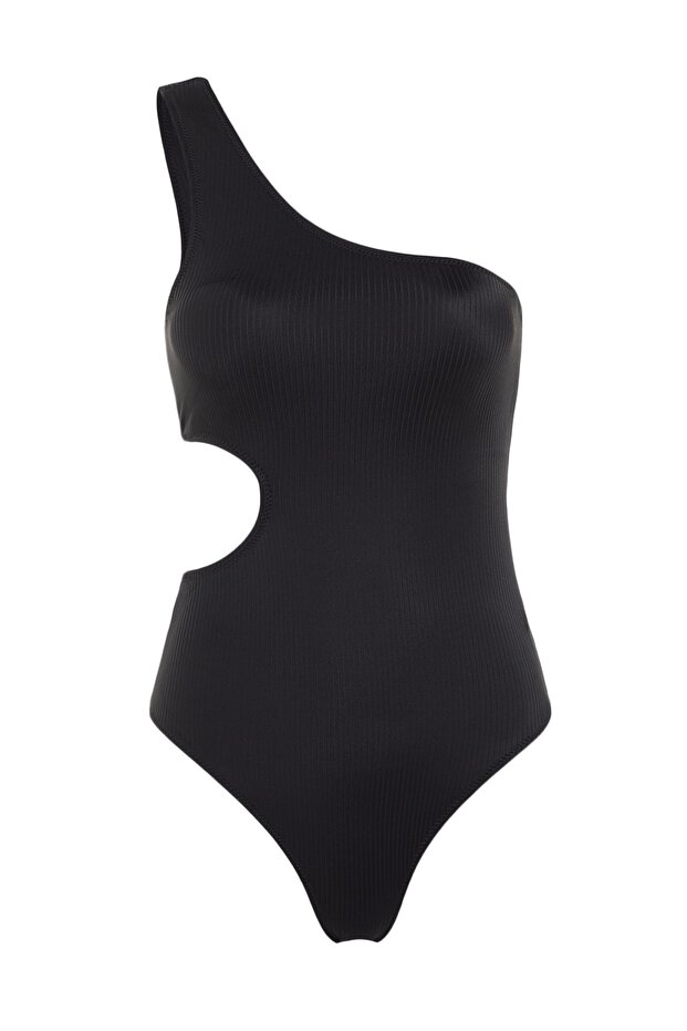 Siyah Tek Omuz Cut Out Detaylı Dokulu Regular Mayo TBESS22MA0064 - 7
