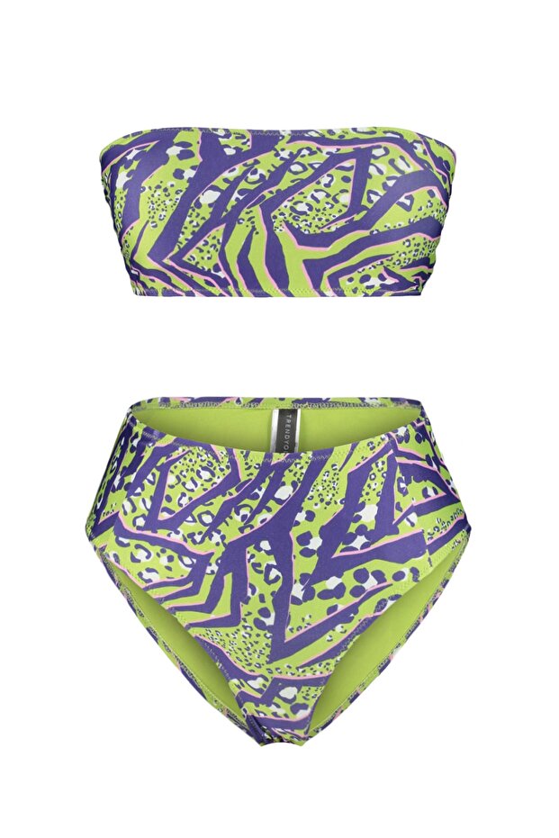 Leopar Desenli Straplez Kaplı Hipster Yüksek Bel Bikini Takımı TBESS22BT0018 - 6